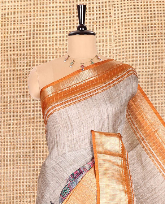 Grey and Mustard Dola Silk Saree Subtly Designed with Checks and Elephant Motifs Print, Complemented by a Contrast Traditional Zari Design Border, Pallu Depicting Elephant Motifs Print, and Paired with a Contrast Blouse