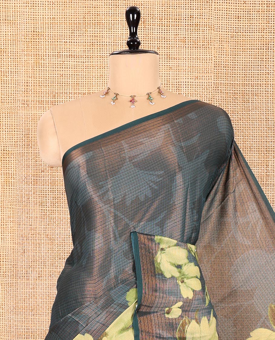Borderless Green Shimmer Chiffon Saree, Artfully Printed with Abstract-Style Floral Print All Over Its Body,  Pallu Mirrors the Same Print, and Paired with a Matching Blouse