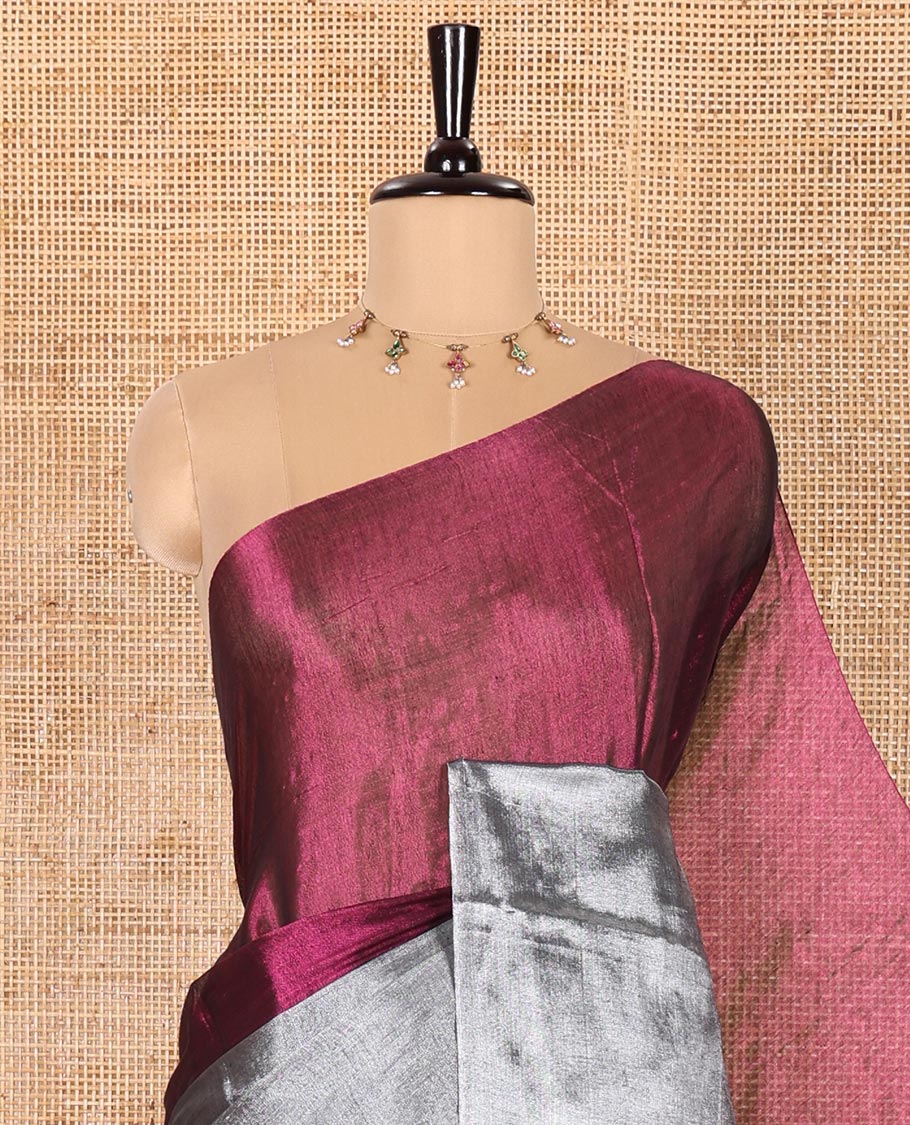 Borderless Silver-Magenta Half-And-Half Khadi Tissue Saree, Subtly Sparkling Plain Pallu, and Paired with a Mayching Blouse