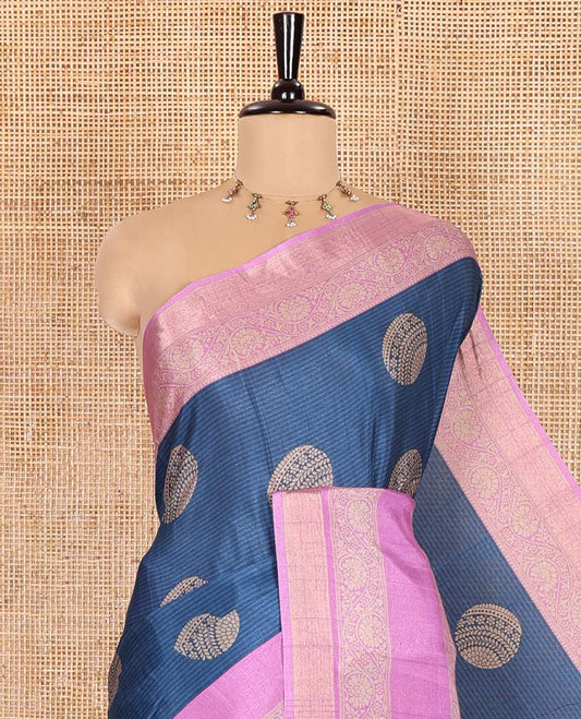 Blue Katan Silk Saree Decked up with Stripes and Round Buttas on Its Body, Complemented by a Contrast Border of Floral Creeper Designs, Geometric Patterned Pallu, and Paired with a Contrast Blouse