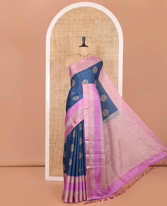 Blue Katan Silk Saree Decked up with Stripes and Round Buttas on Its Body, Complemented by a Contrast Border of Floral Creeper Designs, Geometric Patterned Pallu, and Paired with a Contrast Blouse
