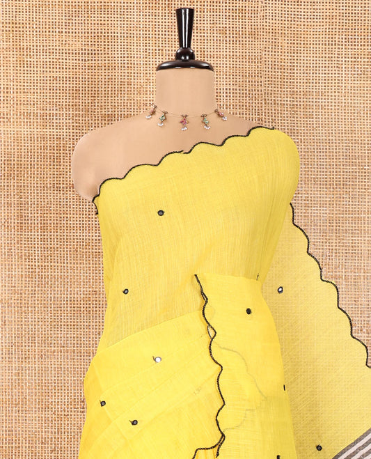 Yellow Linen Cotton Saree, Decorated with Mirror Work All Over Its Body, Subtly Scallop Border, Complemented by Contrast Pallu of Stripes and Mirror Work, and Paired with a Contrast Geometric Printed Blouse