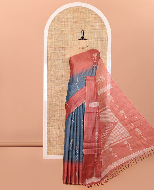Blue Tissue Saree, Elevated with Horizontal Stripes and Unique Motifs Printed All Over Its Body, Complemented by Contrast Printed Border, Pallu Depicts Geometric Patterns, and Paired with a Contrast Geometric Printed Blouse