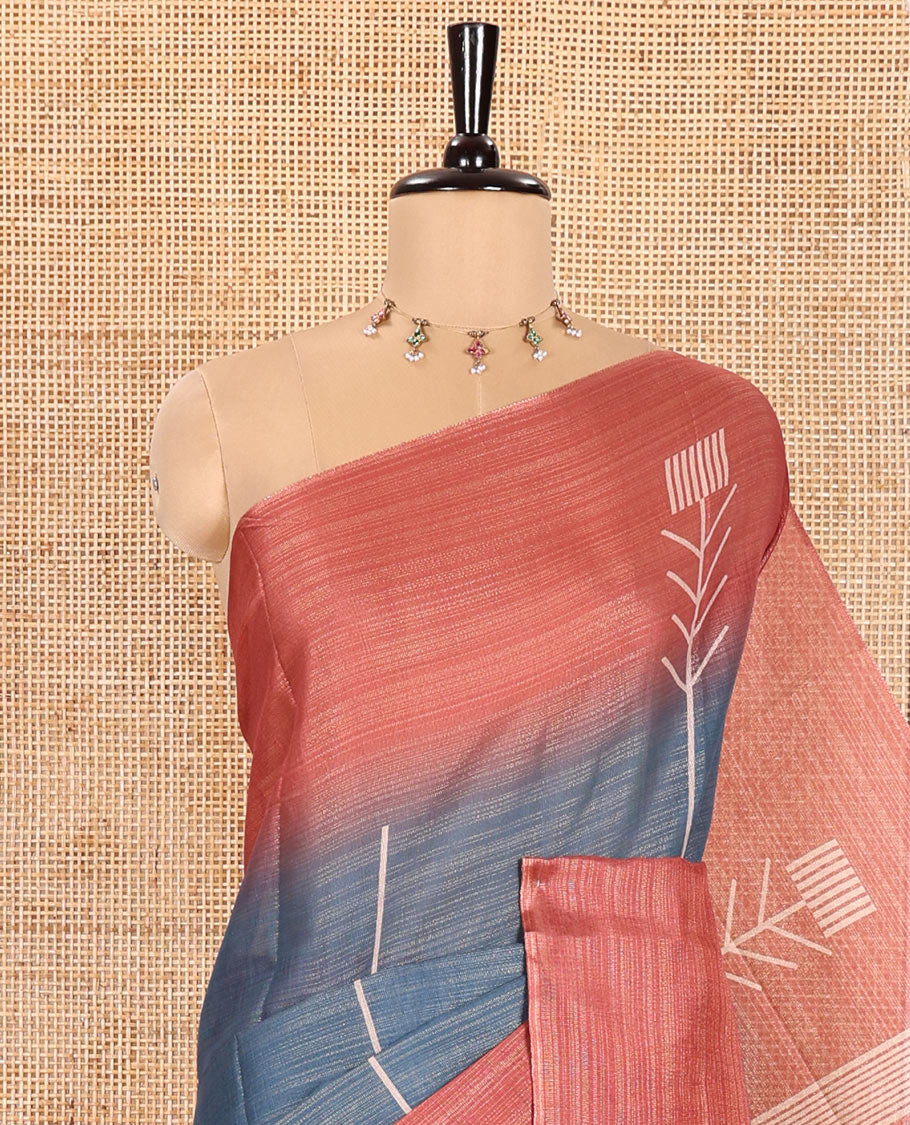 Blue Tissue Saree, Elevated with Horizontal Stripes and Unique Motifs Printed All Over Its Body, Complemented by Contrast Printed Border, Pallu Depicts Geometric Patterns, and Paired with a Contrast Geometric Printed Blouse