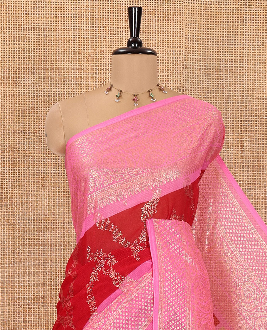 Red Chiffon Saree, Highlighted with Floral Jaal Foil Prints All Over Its Body, Complemented by a Contrast Traditional Motifs Foil Printed Border, Pallu Steeped with Diagonal Stripes, and Paired with a Contrast Blouse
