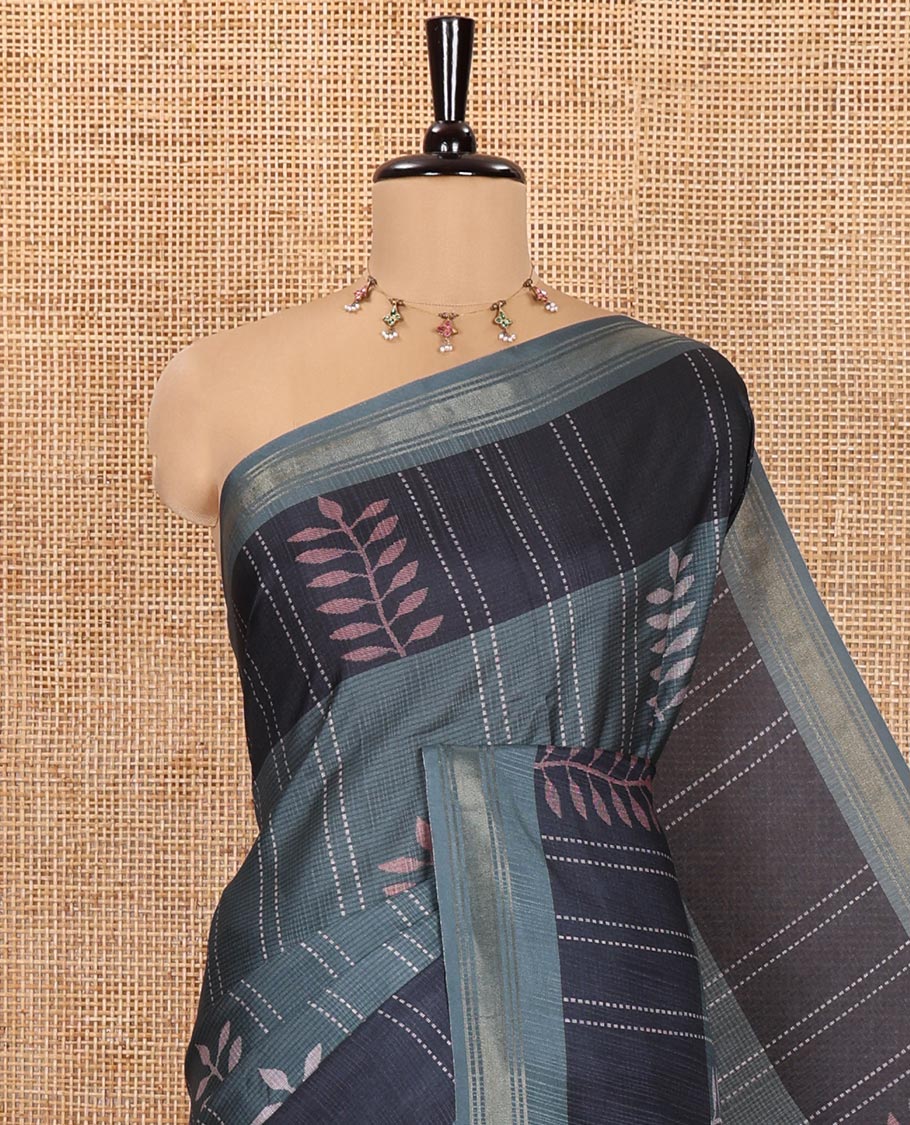 Green Manipuri Silk Saree, Delicately Printed with Stripes and Leaf Buttas All Over Its Body, a Self-Subtle Border, Pallu Features Geometric Print, and Paired with a Matching Blouse