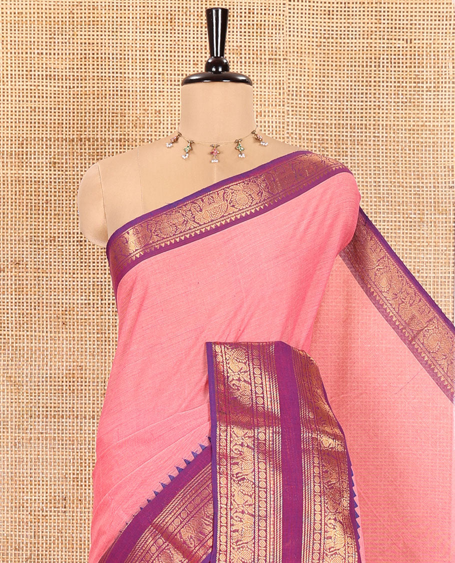Pink Plain Chettinad Cotton Saree, Complemented by a Contrast Traditional Rettai Pettu Temple Border of Peacock-Elephant Designs, Subtly Striped Pallu, and Paired with a Matching Blouse
