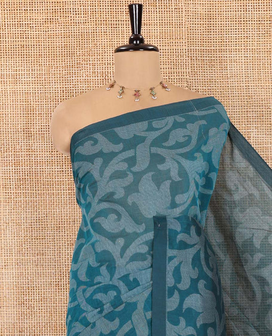 Borderless Rama Blue Coimbatore Cotton Saree, Adorned with Floral Vine Print on Its Body, Self-Pallu Features Paisleys and Geometric Designs, and Paired with a Matching Blouse