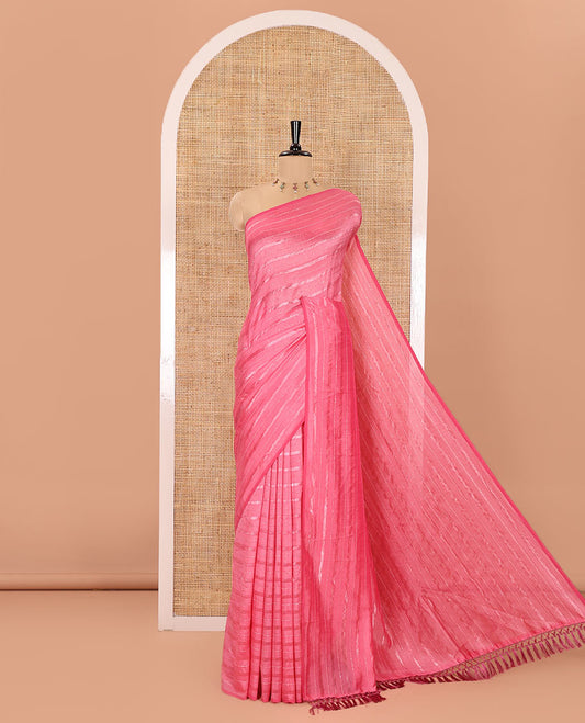 Borderless Pink Vichitra Silk Saree, Decked Up with Horizontal Stripes and Sequin Stripes, Paired with a Matching Blouse