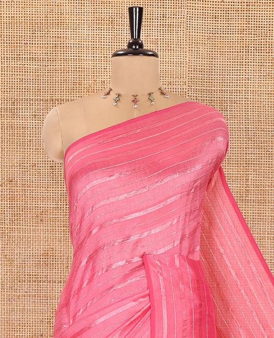 Borderless Pink Vichitra Silk Saree, Decked Up with Horizontal Stripes and Sequin Stripes, Paired with a Matching Blouse
