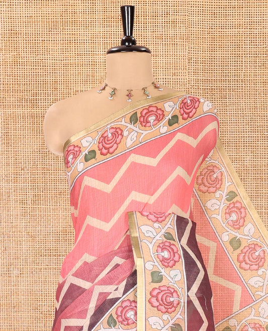 Multi-color Linen Cotton Saree, Adorned with Chevron Stripes Printed All Over Its Body, Complemented by a Contrast Floral Creeper Printed Border, Pallu Pictures Pichwai Lotus Print, and Paired with a Lotus Printed Blouse