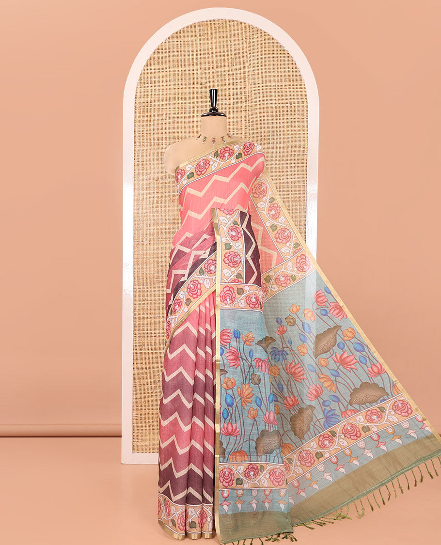 Multi-color Linen Cotton Saree, Adorned with Chevron Stripes Printed All Over Its Body, Complemented by a Contrast Floral Creeper Printed Border, Pallu Pictures Pichwai Lotus Print, and Paired with a Lotus Printed Blouse