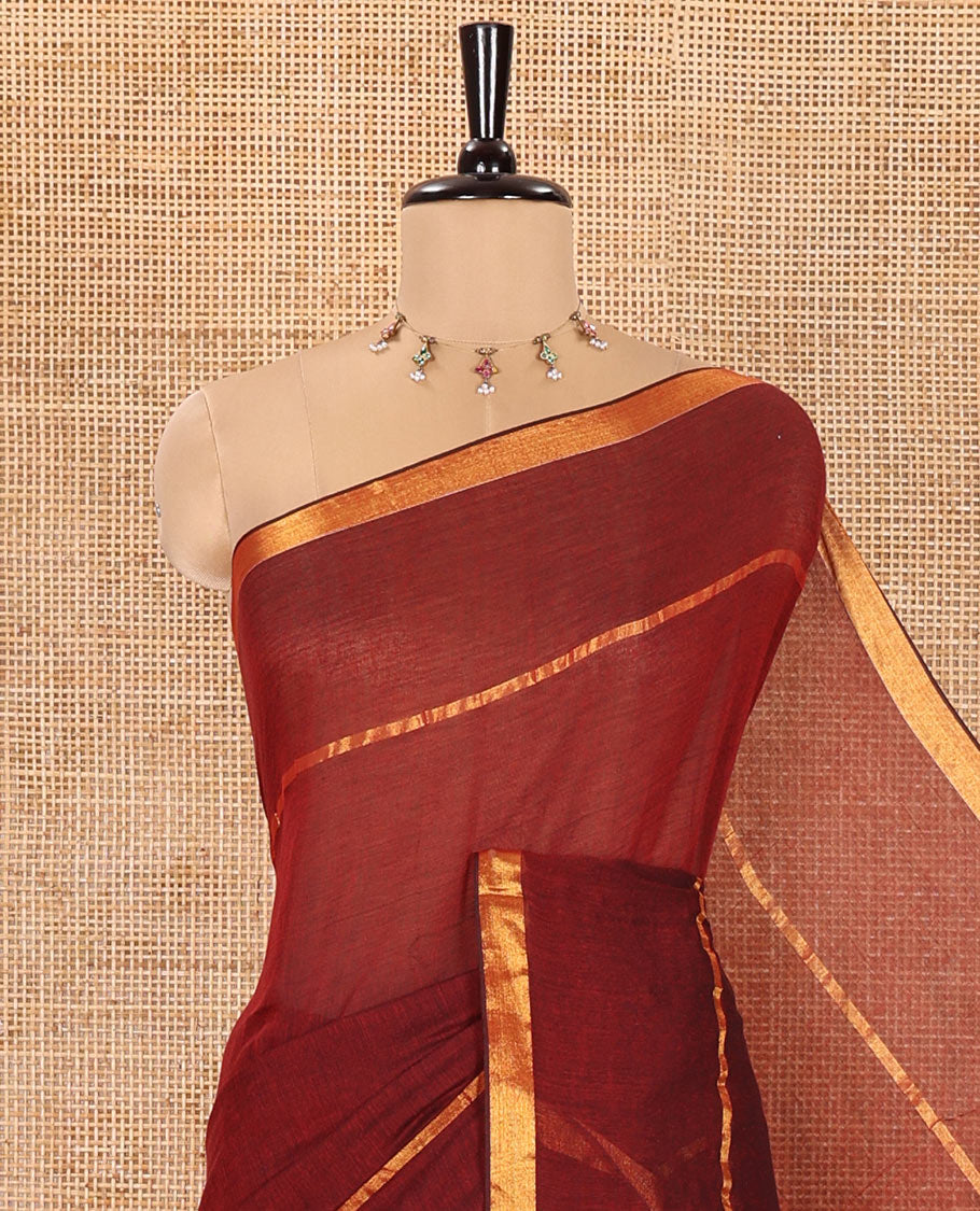 Maroon Plain Khadi Mul Cotton Saree, Subtly Sparkled with Zari Border, Self-Pallu, and Paired with a Matching Blouse