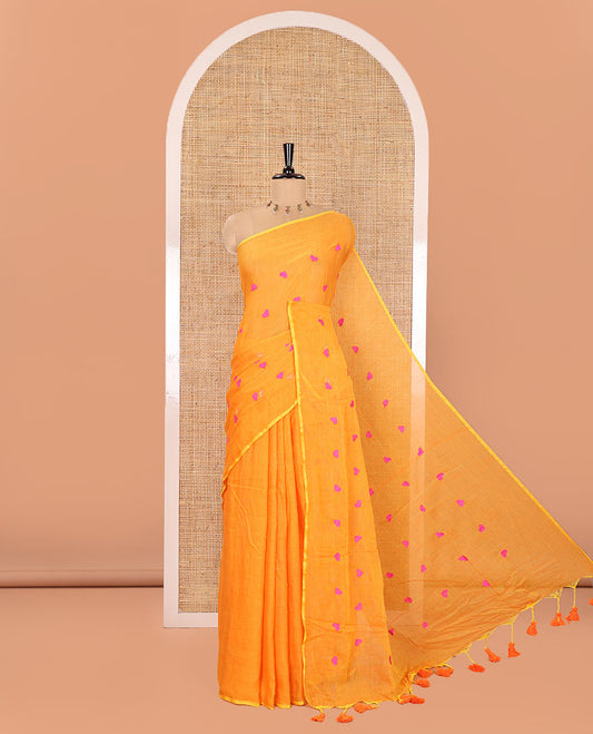 Borderless Orange Khadi Mul Cotton Saree, Artfully Designed with Heart Motifs Embroidery Across Its Body, Pallu mirrors the Same Design, and Paired with a Matching Blouse
