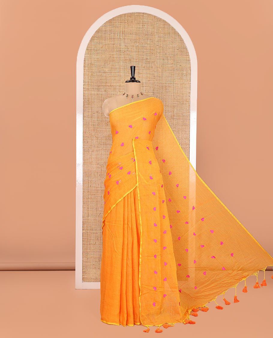 Borderless Orange Khadi Mul Cotton Saree, Artfully Designed with Heart Motifs Embroidery Across Its Body, Pallu mirrors the Same Design, and Paired with a Matching Blouse