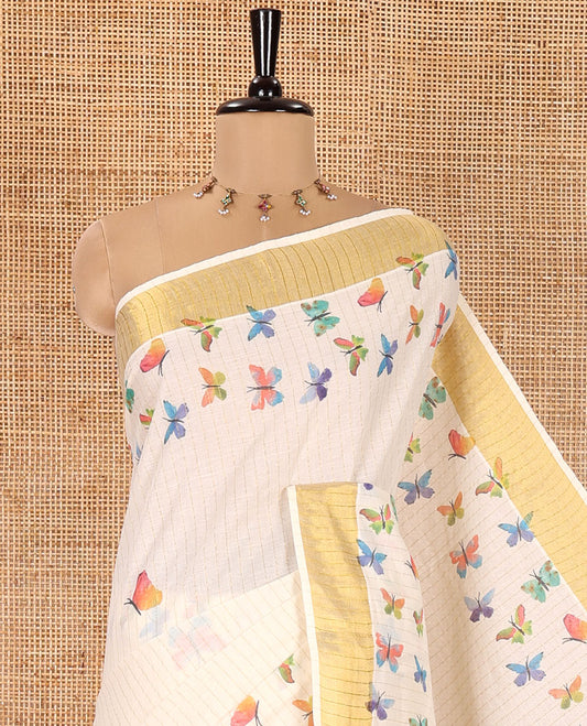 Off-White Kerala Cotton Saree, Adorned with Zari Stripes and Colorful Butterflies, Highlighted by a Zari Border, Pallu of Butterfly Motifs, and Paired with a Matching Blouse