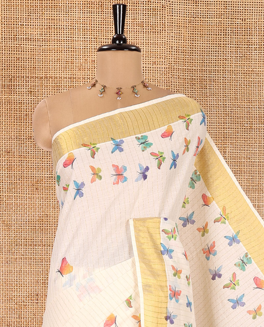 Off-White Kerala Cotton Saree, Adorned with Zari Stripes and Colorful Butterflies, Highlighted by a Zari Border, Pallu of Butterfly Motifs, and Paired with a Matching Blouse