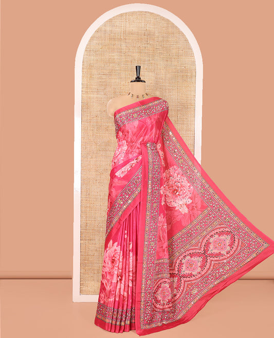 Rani Masakali Saree, Artfully Adorned with Floral Motifs Print, and Mirror Work All Over Its Body, Printed Border, Intricately Printed Mirror Work Pallu, and Paired with a Matching Blouse
