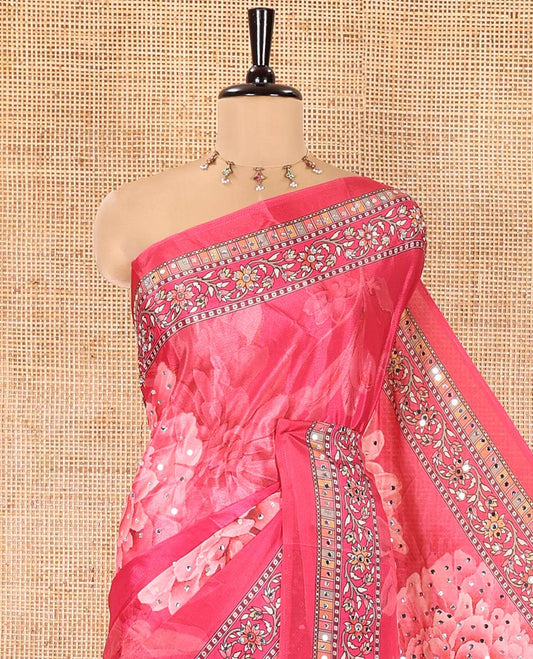 Rani Masakali Saree, Artfully Adorned with Floral Motifs Print, and Mirror Work All Over Its Body, Printed Border, Intricately Printed Mirror Work Pallu, and Paired with a Matching Blouse