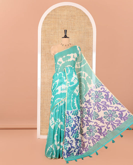 Borderless Rama Linen Cotton Saree, Embellished with Shibori Printed on Its Body, Complemented by Contrast Floral Printed Pallu, and Paired with a Contrast Floral Printed Blouse