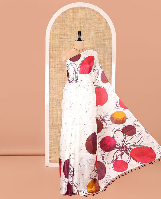 Borderless Cream and Purple Khadi Cotton Saree, Elevated with Big Circles Motifs, Floral Motifs, and Batik Print on Its Body, Self-Printed Pallu, and Paired with a Matching Printed Blouse