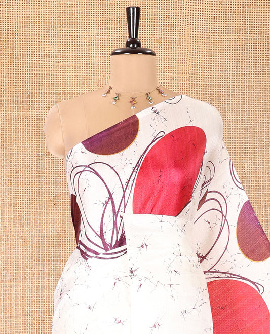 Borderless Cream and Purple Khadi Cotton Saree, Elevated with Big Circles Motifs, Floral Motifs, and Batik Print on Its Body, Self-Printed Pallu, and Paired with a Matching Printed Blouse