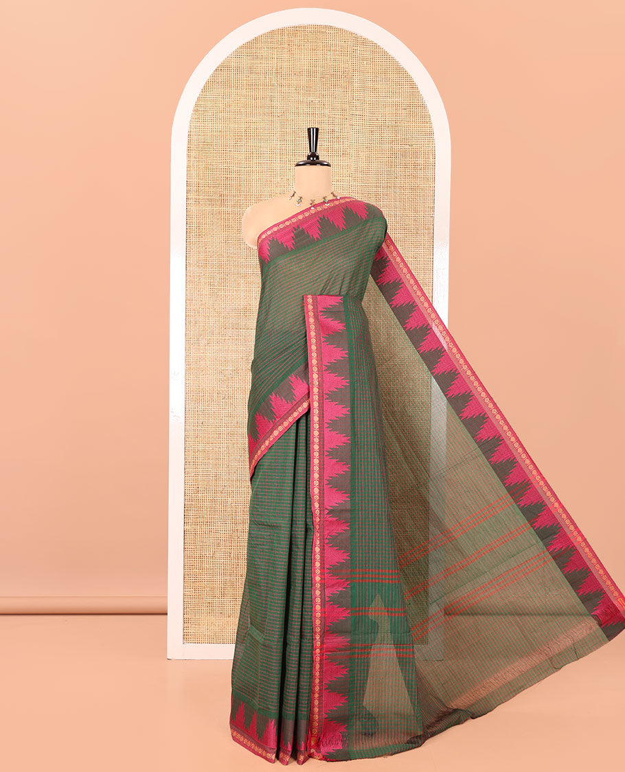 Green Chettinad Cotton Saree, Decked Up with a Checked Design on Its Body, Complemented by a Contrast Temple Border, Subtly Striped Pallu, and Paired with a Matching Blouse