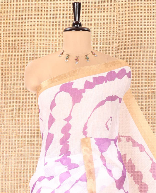 White-Violet Linen Cotton Saree, Bedecked with Shibori-Printed Body, Highlighted by Piping Border, Floral Printed Pallu, and a Contrast Blouse