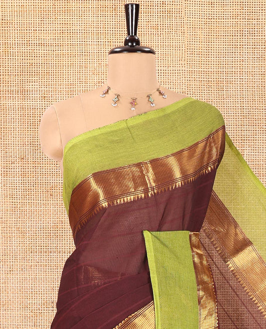 Coffee Brown Striped Chettinad Cotton Saree, Complemented by a Contrast Kal Eragina Traditional Zari Design Border, Gleaming Zari Striped Pallu, and Paired with a Matching Blouse