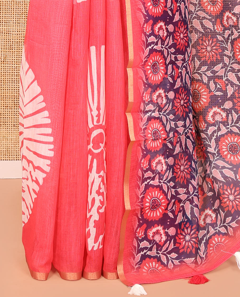Pink Linen Cotton Saree, Adorned with Floral Motifs Printed on Its Body, Subtle Piping Border, Complemented by a Contrast Floral Printed Blouse, and Paired with a Contrast Blouse