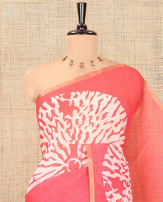 Pink Linen Cotton Saree, Adorned with Floral Motifs Printed on Its Body, Subtle Piping Border, Complemented by a Contrast Floral Printed Blouse, and Paired with a Contrast Blouse