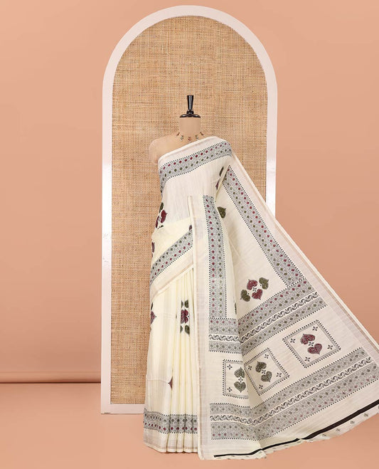 White Dola Silk Saree, Entralled  with Leaf Motifs Printed On Its Body, Highlighted by Self-Border of Zari and Print Work, Printed Pallu, and Paired with a Matching Blouse
