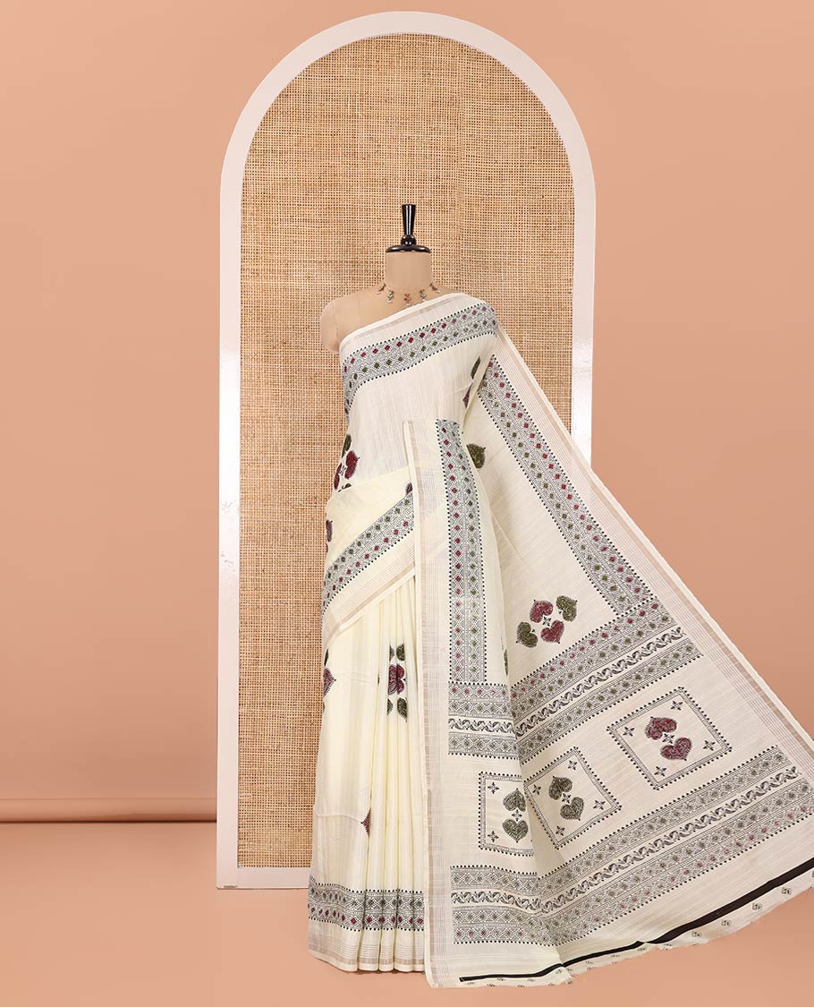 White Dola Silk Saree, Entralled  with Leaf Motifs Printed On Its Body, Highlighted by Self-Border of Zari and Print Work, Printed Pallu, and Paired with a Matching Blouse