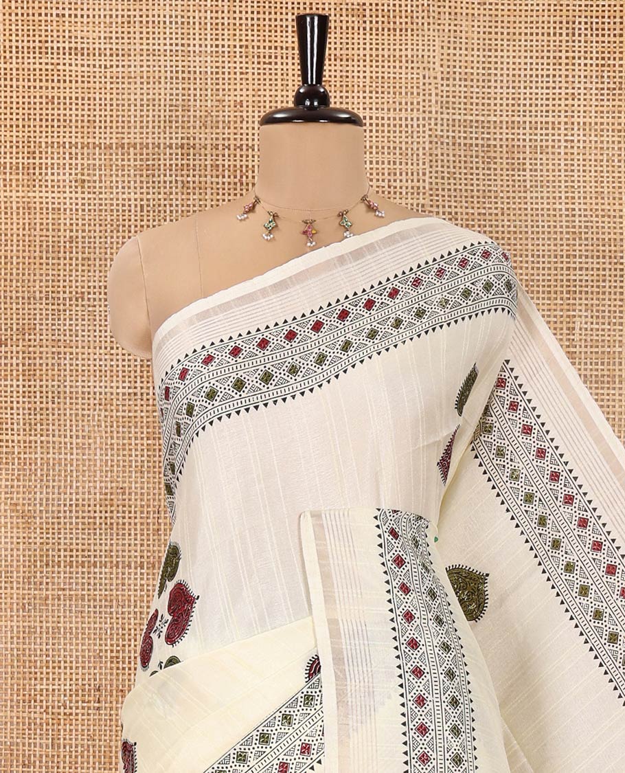 White Dola Silk Saree, Entralled  with Leaf Motifs Printed On Its Body, Highlighted by Self-Border of Zari and Print Work, Printed Pallu, and Paired with a Matching Blouse
