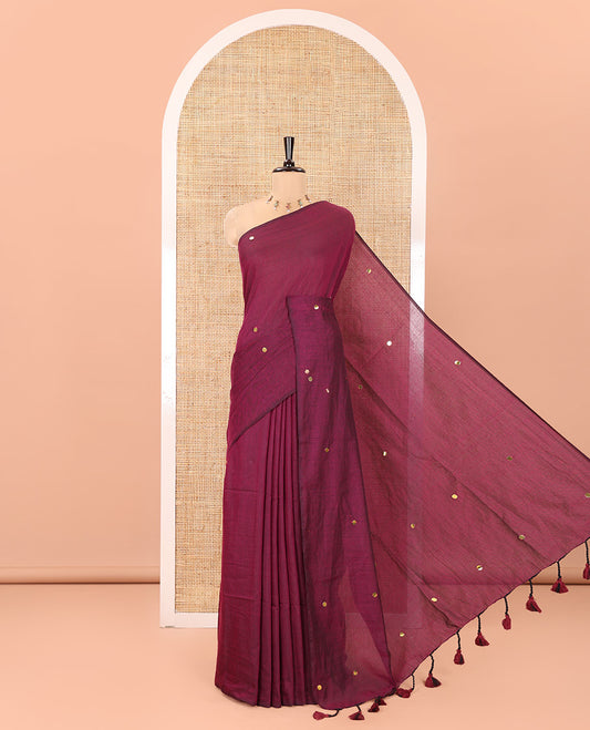 Borderless Purple Mul Cotton Saree, Subtly Sparkled With Big Sequins Work On Its Body, a Self-Pallu and Paired with a Matching Blouse