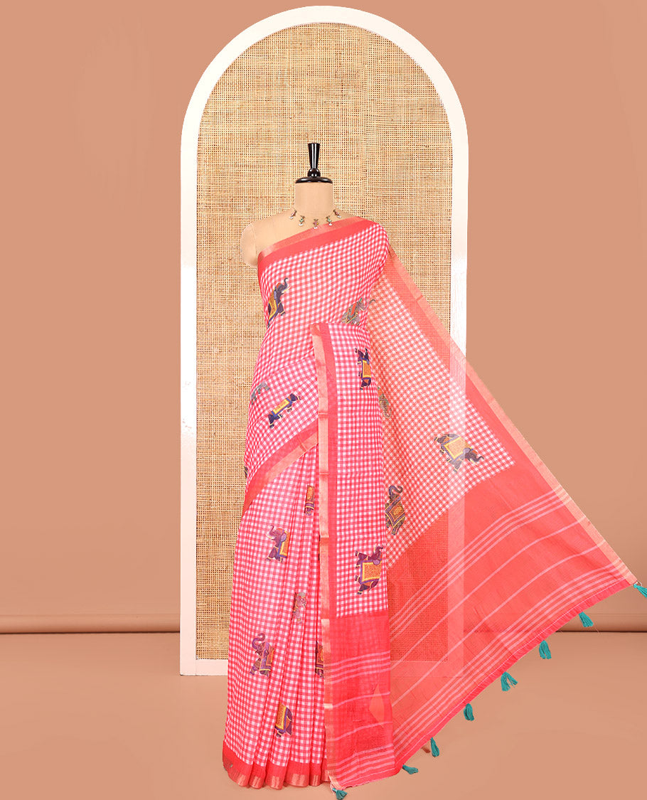 Pink Linen Cotton Saree, Elevated with Micro-Checks and Elephant Motifs on Its Body, Complemented by a Contrast Border, Striped Pallu, and Paired with a Contrast Elephant Motifs Printed Blouse
