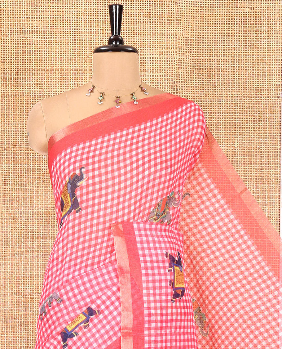 Pink Linen Cotton Saree, Elevated with Micro-Checks and Elephant Motifs on Its Body, Complemented by a Contrast Border, Striped Pallu, and Paired with a Contrast Elephant Motifs Printed Blouse