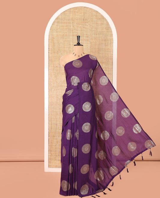 Borderless Violet Vichitra Saree Features Rangoli-Style Round Buttas Foil Print and a Contrast Sequins Embroidered Blouse