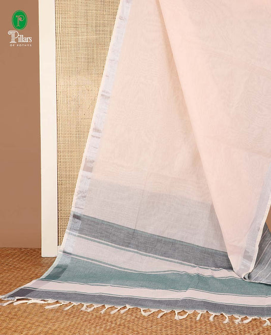 Light pink linen mix cotton saree with silver zari border & contrast pallu along with contrast blouse