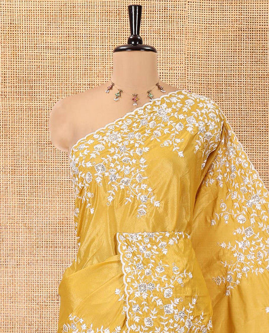 Mustard Plain Satin Crepe Saree, Accentuated with Floral Vine Thread Embroidery on Its Border, a Self-Pallu, and Paired with a Matching Blouse