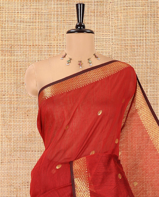 Red Maheshwari Cotton Saree,  Flower Buttas All Over Its Body, Highlighted by Zari Border, Pallu of Contrast Floral Buttas, and a Contrast Blouse