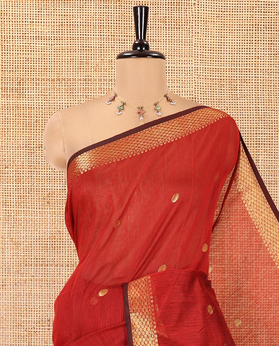 Red Maheshwari Cotton Saree,  Flower Buttas All Over Its Body, Highlighted by Zari Border, Pallu of Contrast Floral Buttas, and a Contrast Blouse