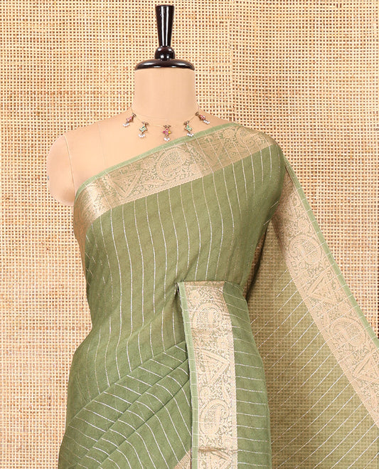 Green Moss Chiffon Saree, Gleamed Up with Vertical Stripes, a Zari Paisley-Diamond Border, and a Matching Blouse