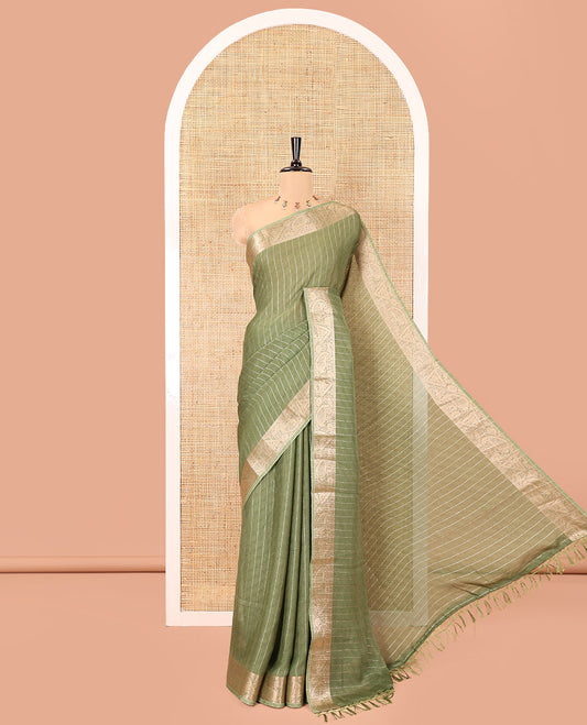 Green Moss Chiffon Saree, Gleamed Up with Vertical Stripes, a Zari Paisley-Diamond Border, and a Matching Blouse