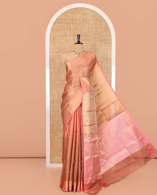 Rust Banaras Katan Silk Saree, Adorned with Brocade Design on Its Body, Complemented by a Contrast Traditional Zari Design Border, Grand Jaal Pallu, and Paired with a Contrast Blouse