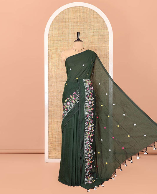 Borderless Green Khadi Cotton Saree, Delicately Woven with Flower Motifs Embroidery All Over Its Body, a Self-Pallu, and Paired with a Matching Blouse