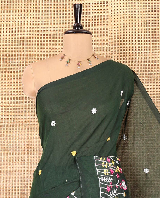 Borderless Green Khadi Cotton Saree, Delicately Woven with Flower Motifs Embroidery All Over Its Body, a Self-Pallu, and Paired with a Matching Blouse