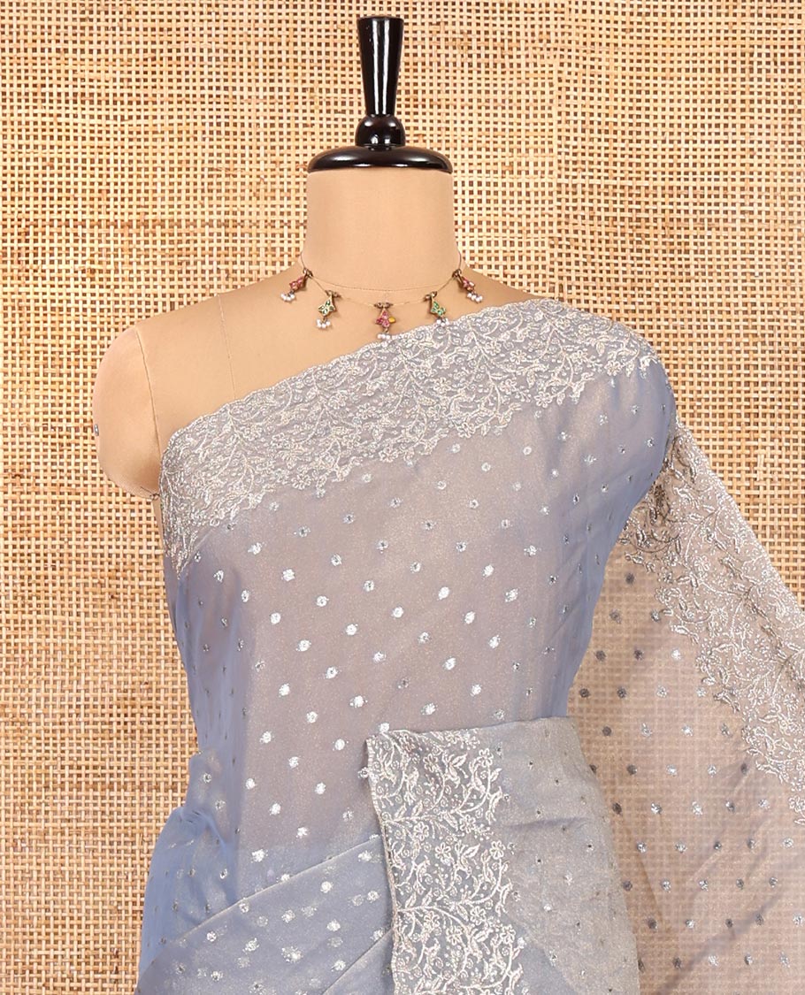 Grey Fendi Chiffon Saree, Steeped with 1000-Buttas All Over Its Body, Highlighted by a Scallop Embroidered Border, a Self-Pallu, and Paired with a Matching Blouse