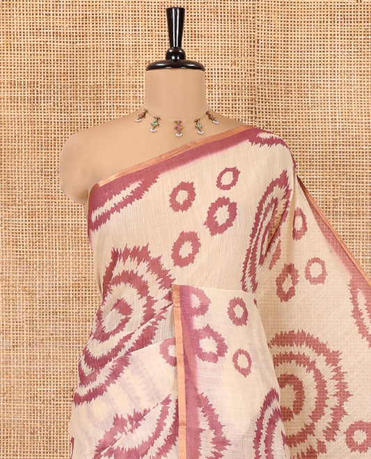 Cream-Plum Linen Cotton Saree, Adorned with Shibori Print, Contrast Piping Border, Kalamkari Floral Vine Pallu, and a Contrast Blouse
