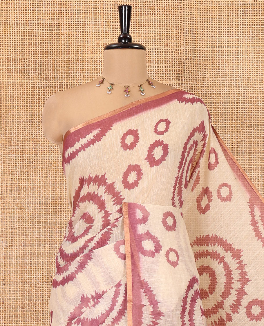 Cream-Plum Linen Cotton Saree, Adorned with Shibori Print, Contrast Piping Border, Kalamkari Floral Vine Pallu, and a Contrast Blouse